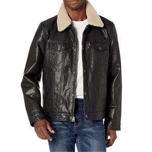 Levi's Men's Faux Leather Sherpa Trucker Jacket, Black/Quilted Lining